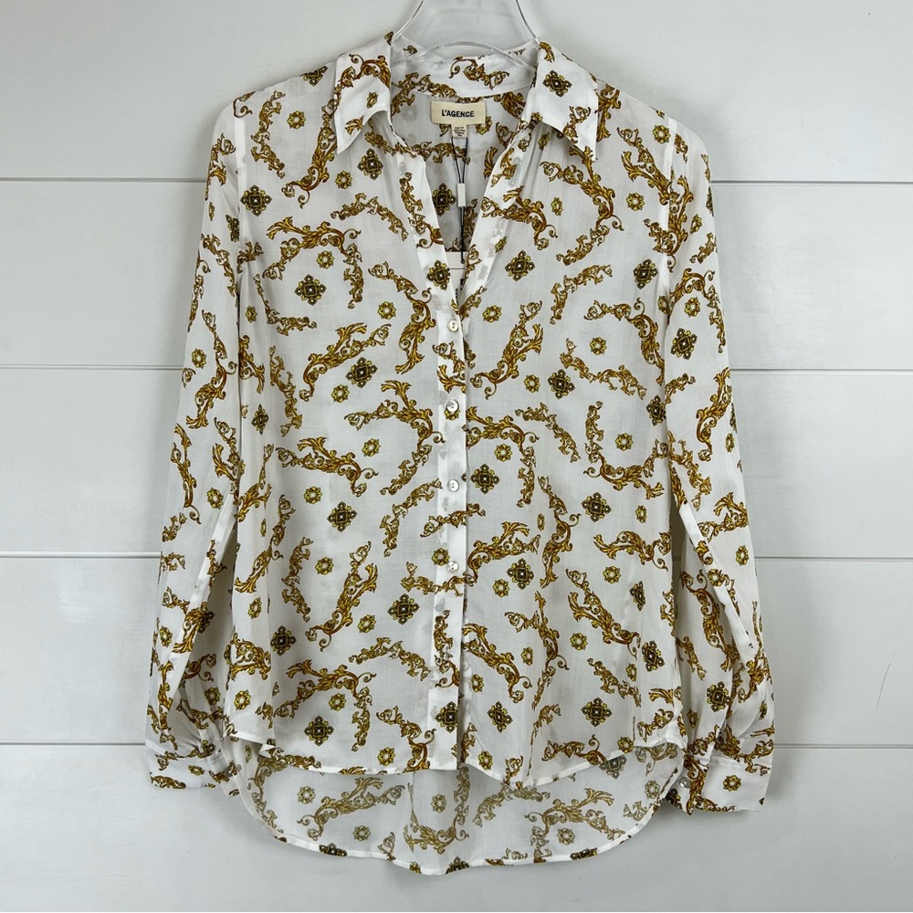 NEW L’AGENCE XS Holly Slim Long Sleeve Blouse Ivory Gold - Picture 2 of 14
